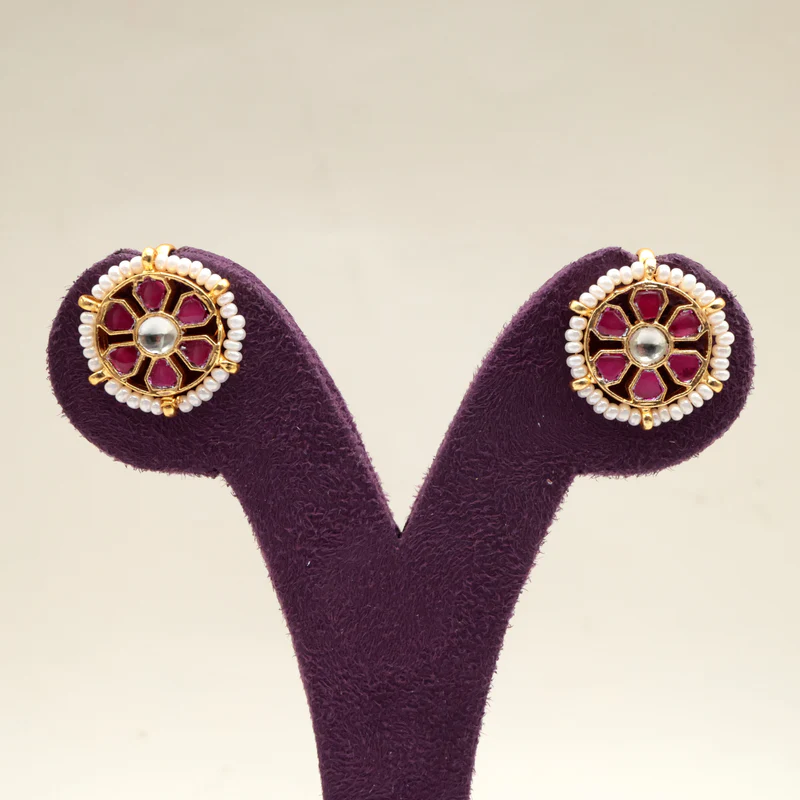 Premium Pachi Kundan 6 Petal Chakra Koppu Earrings - Ruby